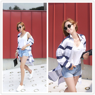 2280#韩版大码新款甜美时尚宽条纹长款口袋衬衣