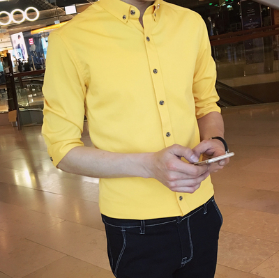 夏季新款青年英伦修身简约纯色潮流七分袖衬衫男夜店韩版中袖衬衣