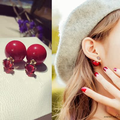 开运红珠水晶时尚气质长款韩国韩版耳夹耳饰耳环耳钉女