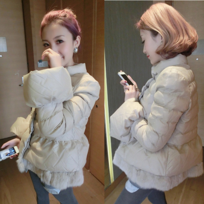 2014冬季新款女装韩国代购棉服女短款羽绒服修身兔毛保暖棉衣外套
