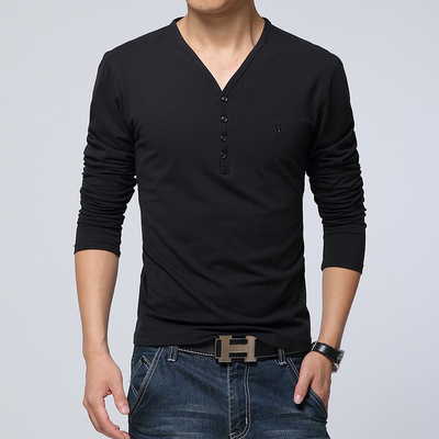 中青年男士春装黑色修身V领薄款长袖T恤男打底衫纯色潮流衣服