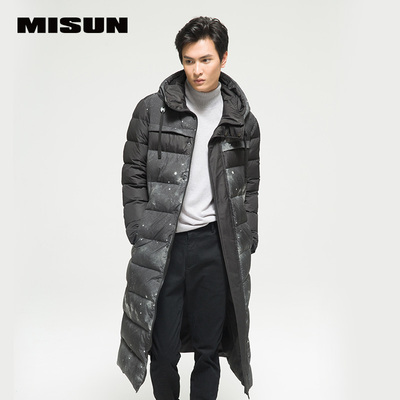 MISUN/米尚印花拼接修身超长款加厚羽绒服