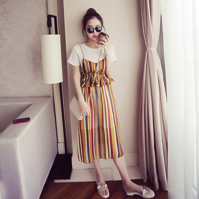 2016女装新款韩国简约裙子条纹短袖连衣裙夏季小清新加大码宽松