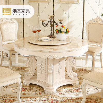 欧式实木大理石双层圆形餐桌带转盘餐桌圆桌椅组合雕花大户型奢华