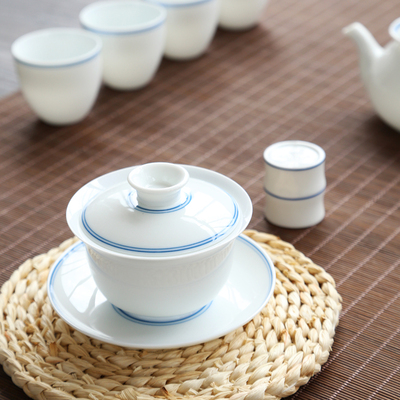 手绘玄纹青花盖碗茶杯陶瓷玄纹双线白瓷茶备三才碗功夫茶具泡茶杯