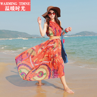新款波西米亚夏季沙滩裙 雪纺印花吊带连衣裙渡假旅游长裙 连衣裙