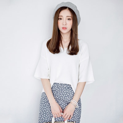 2016夏装新款韩版冰丝针织短上衣V领短袖纯白t恤女宽松学生休闲潮