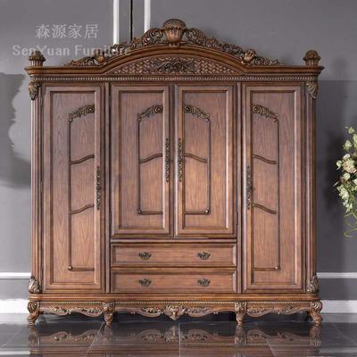 美式实木深色衣柜欧法式衣柜 实木雕刻四门衣柜 美式奢华实木家具