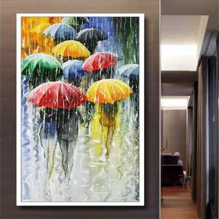 彩色雨中彩色油画玄关背景壁画客厅走廊过道墙纸无缝整张背胶壁纸