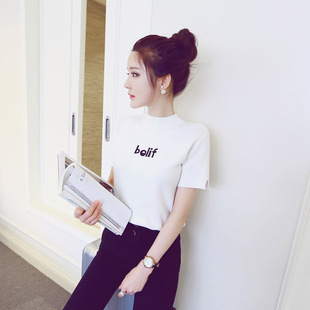 2016韩版T恤女装纯棉刺绣字母短袖套头针织衫短款修身打底衫新款