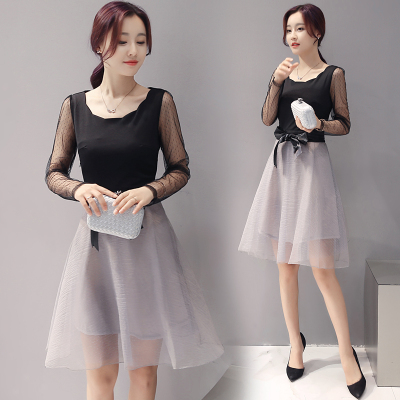 模特实拍 2016秋季韩版新款女装 蕾丝拼接连衣裙中长款网纱