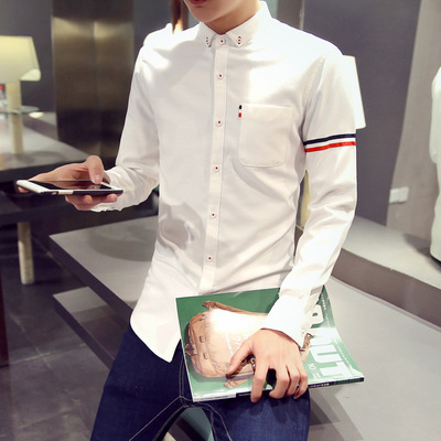 2016秋季新款韩版长袖男式衬衫 休闲白色衬衣男青年