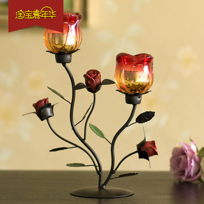 铁艺玫瑰花玻璃烛台摆件欧式浪漫餐桌家居软装饰品创意复古蜡烛杯