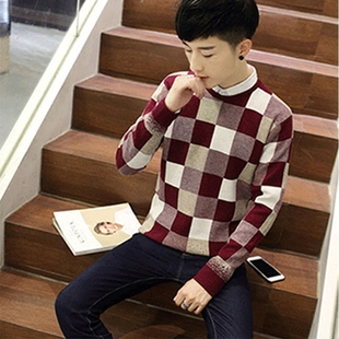 2016秋季新款男式圆领格子毛衫韩版时尚修身青少年学生长袖毛衣潮