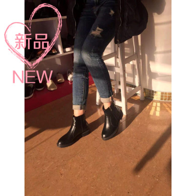 2015冬季新品韩版欧美短靴侧拉链圆头黑色真皮加绒女鞋靴子网红潮