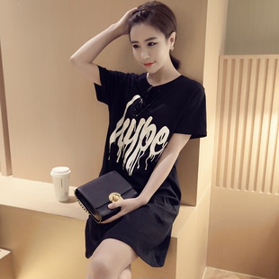 【170G牛奶丝】韩版黑色打底衫女短袖字母中长款t恤女连衣裙