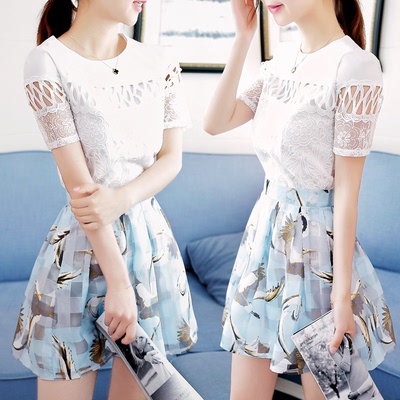 2016夏装韩版修身显瘦连衣裙蕾丝上衣印花半身短裙两件套气质女装