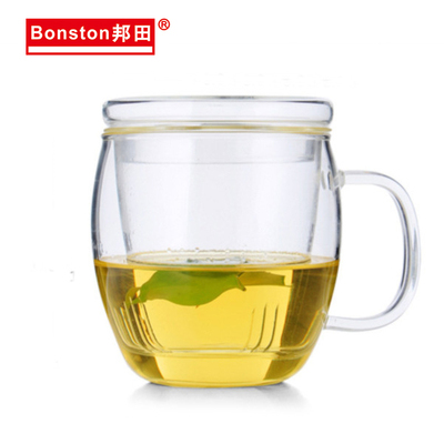 邦田泡茶杯透明全玻璃茶具G556-350ML三件杯花茶杯带盖过滤茶杯