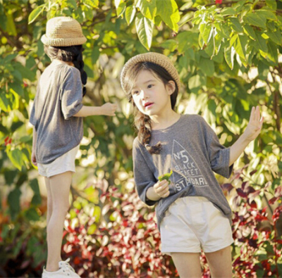 夏季韩国版童装亲子母女装女童短袖纯棉字母t恤中大童儿童上衣潮