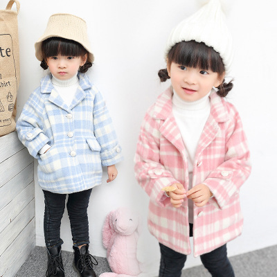 2016秋冬韩版格子小清新2-7岁女童翻领夹棉加厚呢可爱女孩子外套