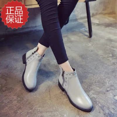 2016春秋女靴子圆头中跟侧拉链马丁靴时尚短靴磨砂单靴粗跟灰色