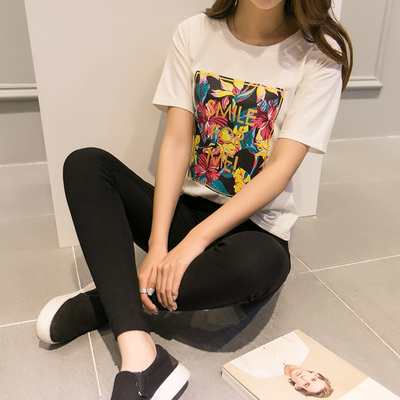 2016夏季新款短袖t恤女韩版大码宽松创意简约学生百搭纯棉打底衫
