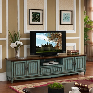美式乡村实木电视柜 客厅复古地柜卧室做旧矮柜欧式彩绘电视机柜