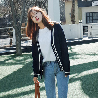 2016新款韩版女式V领撞色学院风学生空调开衫修身条纹针织衫外套