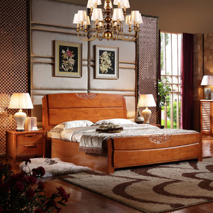 现代中式 全实木床1.8 1.5米双人橡木婚床高箱储物床
