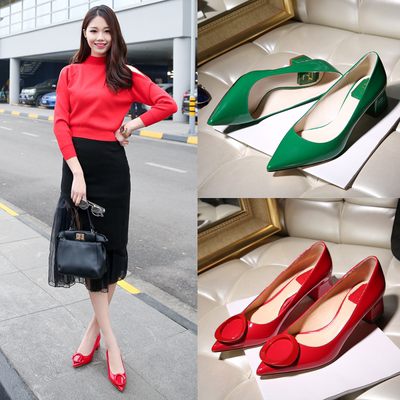 春季韩版粗跟尖头单鞋中跟时尚职业鞋低跟浅口漆皮绿红色新娘婚鞋