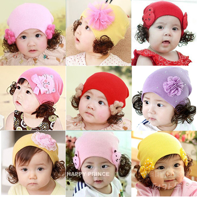 包邮帽婴幼儿童公主假发帽套头帽花朵卡通双层保暖帽子