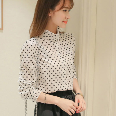 2016新款时尚潮流韩版女装衬衫长袖圆点立领衬衫上衣