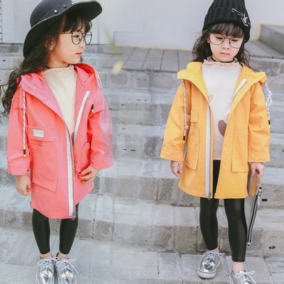 童装女童防风外套新款韩版1-3-5-7岁长袖开衫上衣中长款纯棉风衣