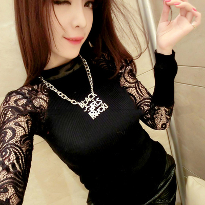 秋季韩版时尚百搭拼接蕾丝黑色修身打底衫上衣T恤女代发