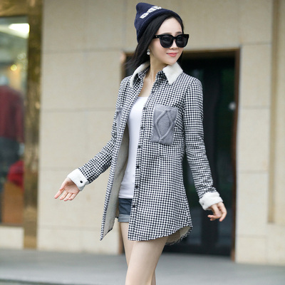 2015秋冬新款韩版中长款加绒 加厚保暖女士衬衣 格子衬衫女装外套