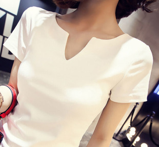 2016夏季新款韩版V领贴布肩章短袖紧身T恤女装纯棉修身半袖小衫潮