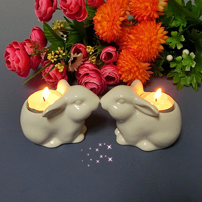 陶瓷兔子摆件 蜡烛台 浪漫烛光晚餐烛台 小白兔陶瓷摆件家居饰品