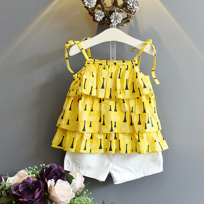童装 女童黄色小树图案吊带裙 连衣裙+短裤2件套装
