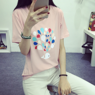 韩国纯棉大码宽松字母短袖T恤女装夏中长款卡通印花半袖学生上衣