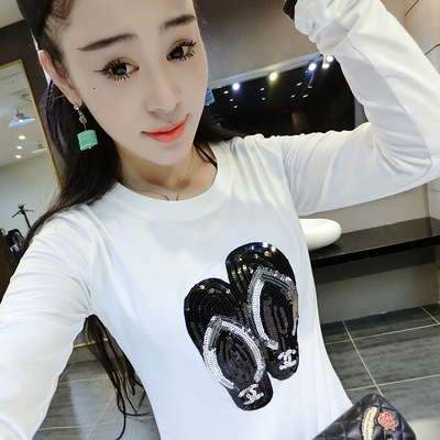 2016秋季韩版大码女装亮片白色体恤修身圆领长袖T恤女