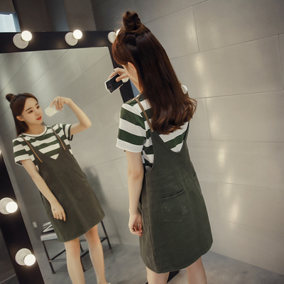 2017夏季女装新款韩版学生牛仔背带连衣裙套装中长款两件套吊带裙