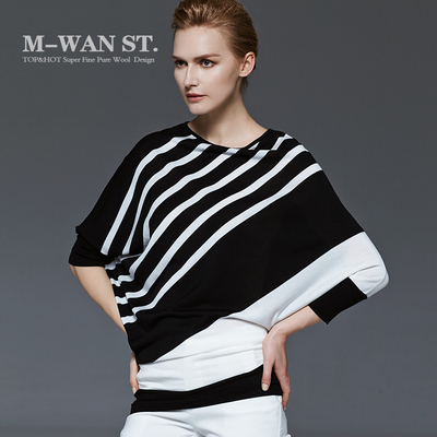 梅湾街 2015夏季新款女 宽松圆领不对称黑白粗条纹蝙蝠袖T恤上衣