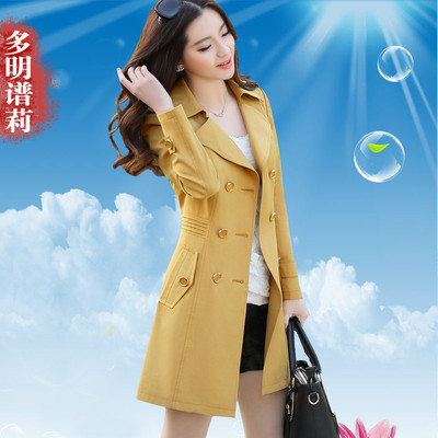 多明谱莉2015春装新款韩版修身女式时尚中长款双排扣风衣外套女