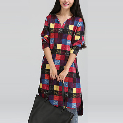 2015秋冬新款韩版大码女装格子印花弹力针织中长款长袖连衣裙