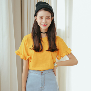 2016韩国夏季女装甜美粉色花边木耳边套头短袖纯色短款宽松T恤潮