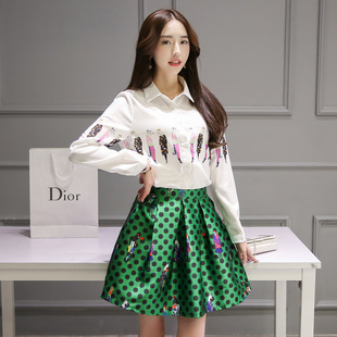 2016新款韩版修身小香风两件套女装时尚印花中腰连衣裙女套装潮