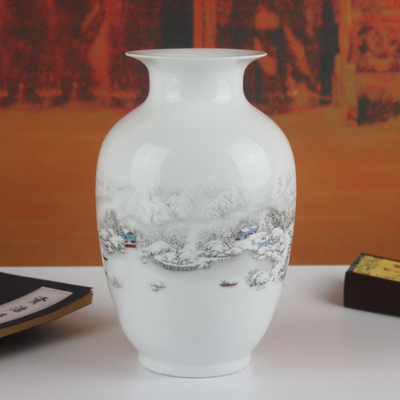 景德镇陶瓷花瓶高白泥雪景图瓷瓶摆设时尚现代客厅装饰工艺品摆件