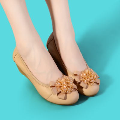 2015新款水钻甜美圆头平底鞋船鞋女式鞋子 坡跟单鞋中跟瓢鞋