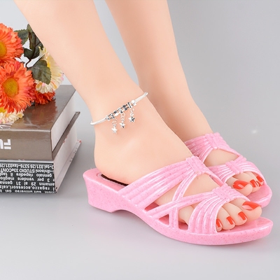 2016夏新款蝴蝶结塑料坡跟厚底时尚公主风玉石斑纹女士室外凉拖鞋