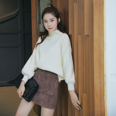 韩版2016新款纯色蝙蝠袖堆堆高领毛衣女秋冬宽松长袖套头针织衫女
